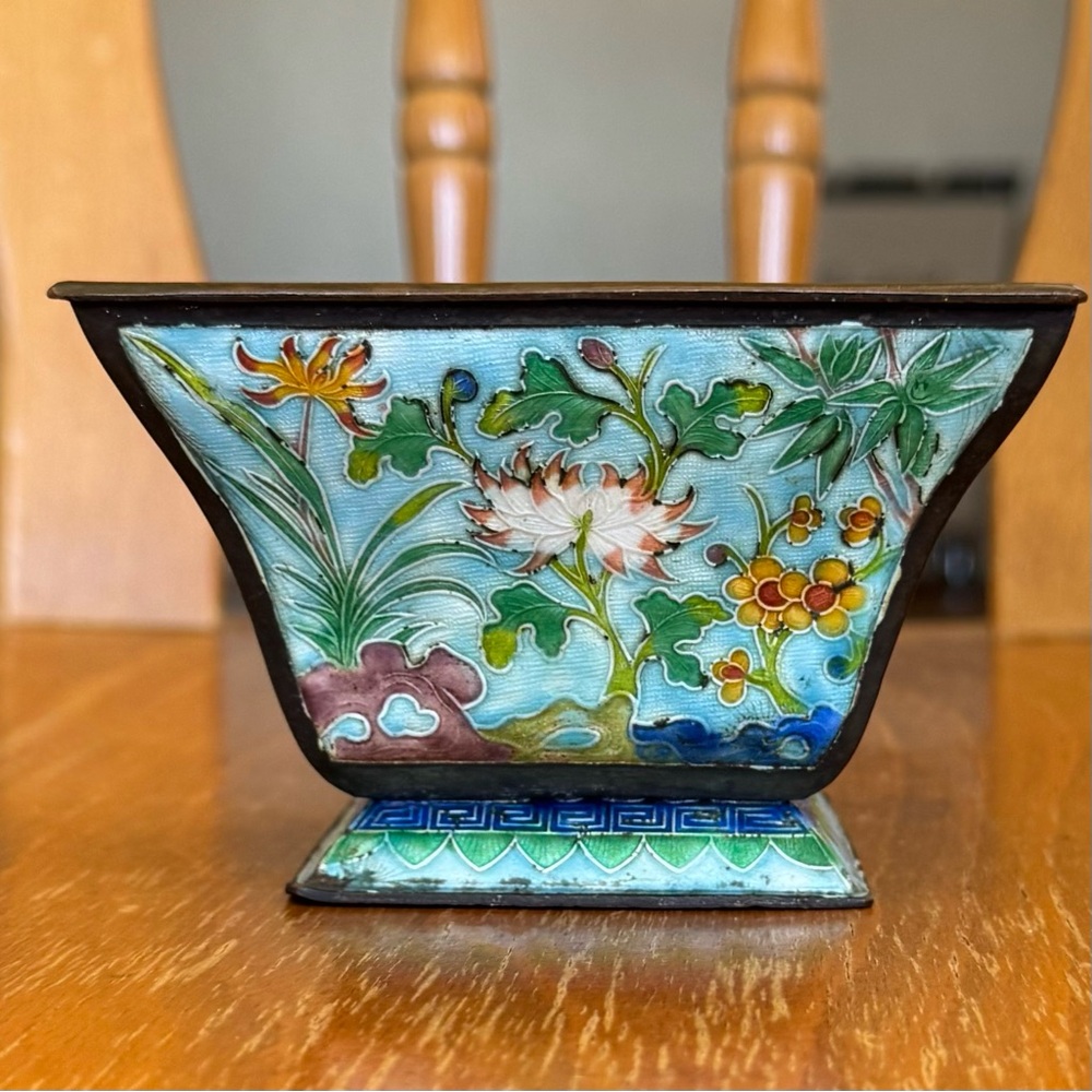 Chinese Antique Cloisonne Square Bowl with Pedestal Base. Vibrant Floral Scenes.